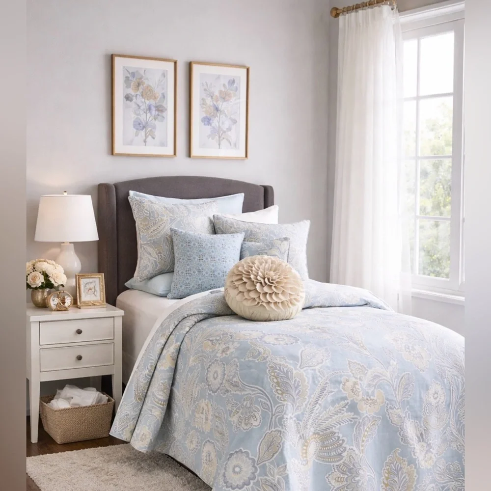 🛌$200 Sky Bedding Portia Paisley Twin Duvet Cover Set Twin Cotton Blue Floral